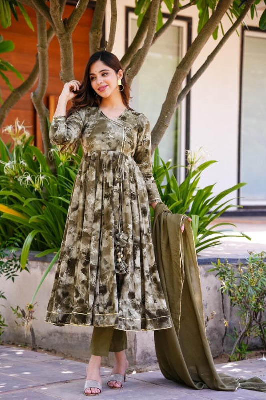 Khakhi Green Colour ANARKALI SUIT SET 3-PAIR CODE/ TD-109