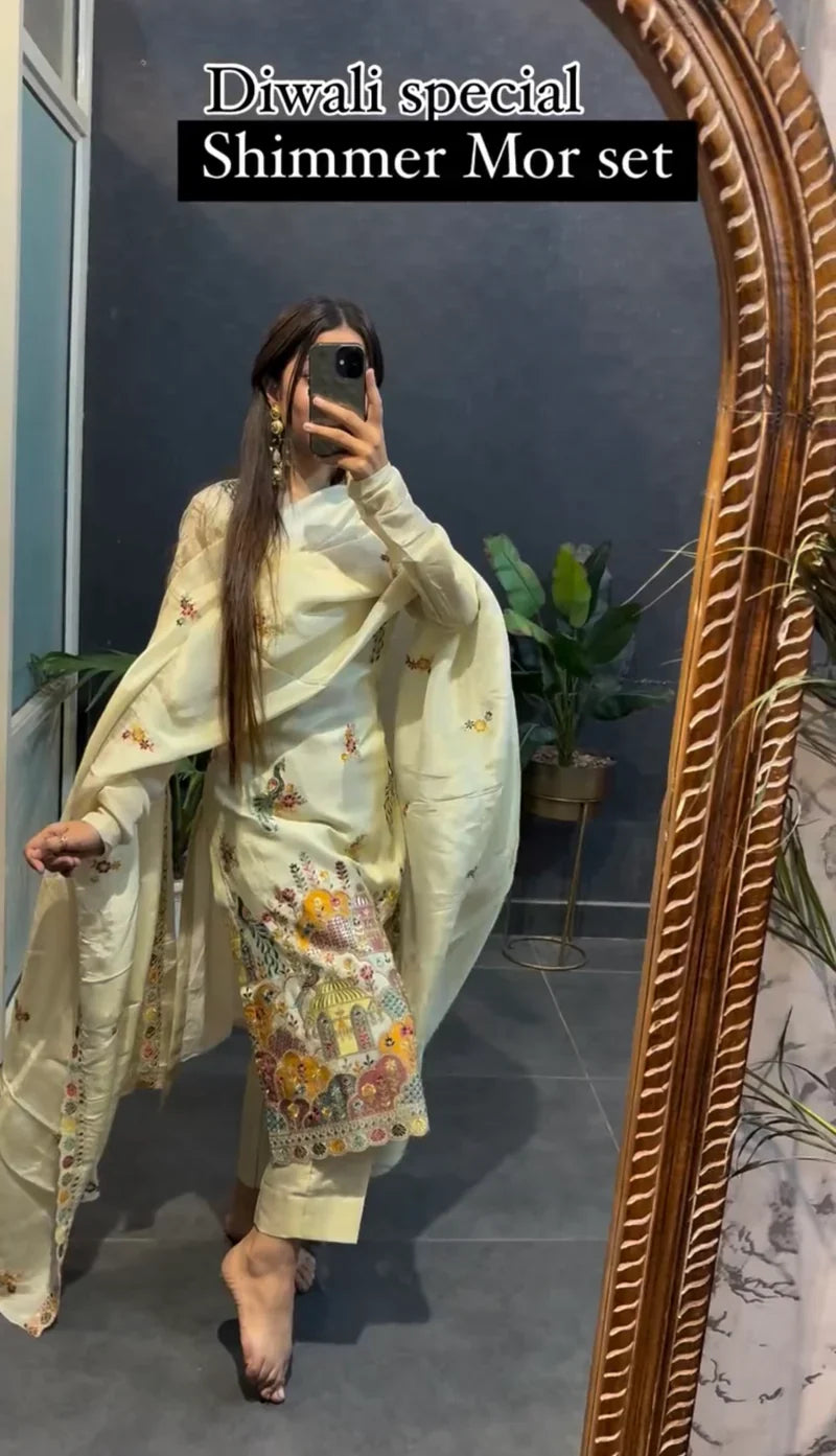 White Premium Designer Peacock Design Suit