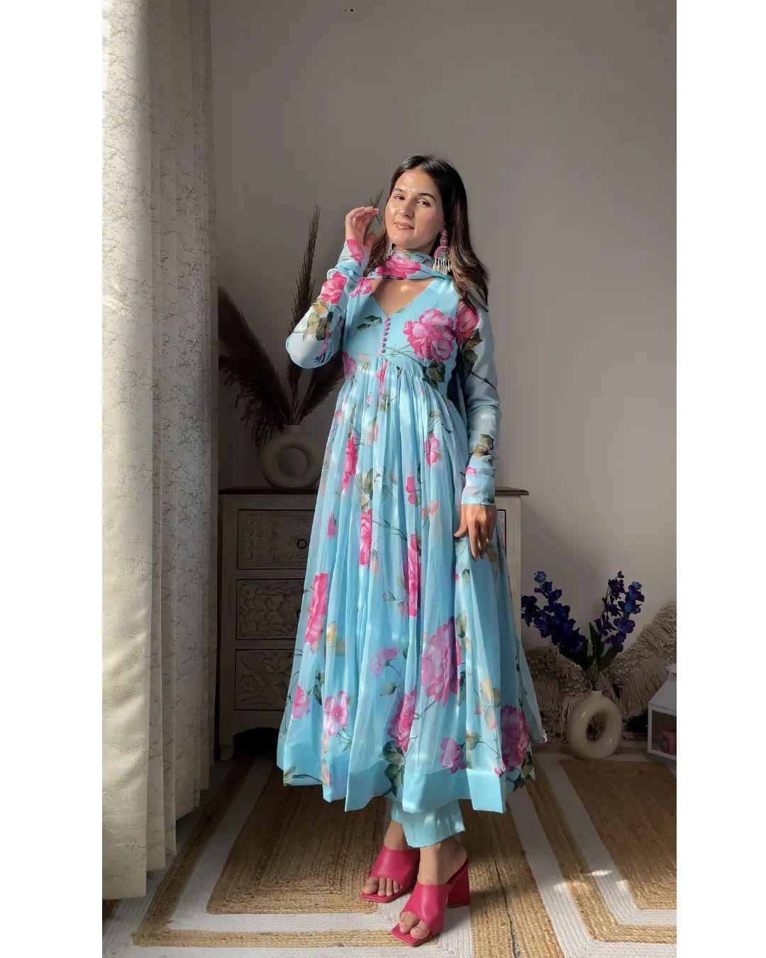 Aniska Sky Blue Floral Print Anarkali Suit