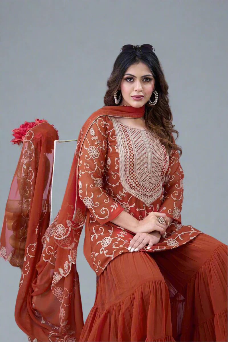 Heavy Georgette Embroidered Sharara Plazzo Set β Fully Stitched & Ready to Wear