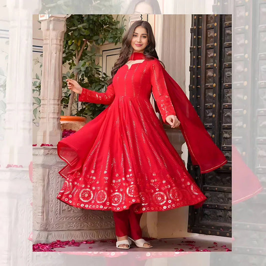 Radiant Red Readymade Anarkali Suit