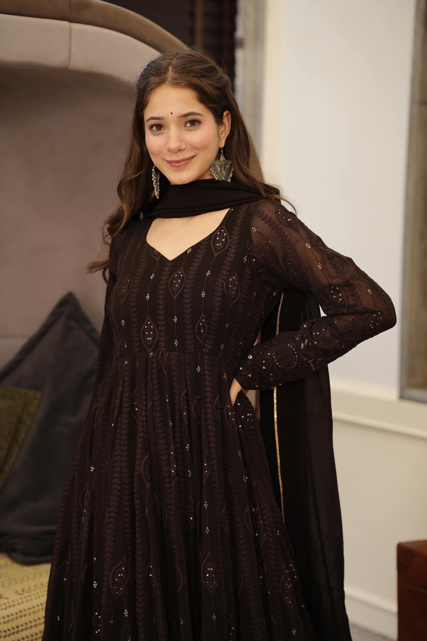 Sanaya's Black And Red Anarkali Suit Set-Fill Stiched