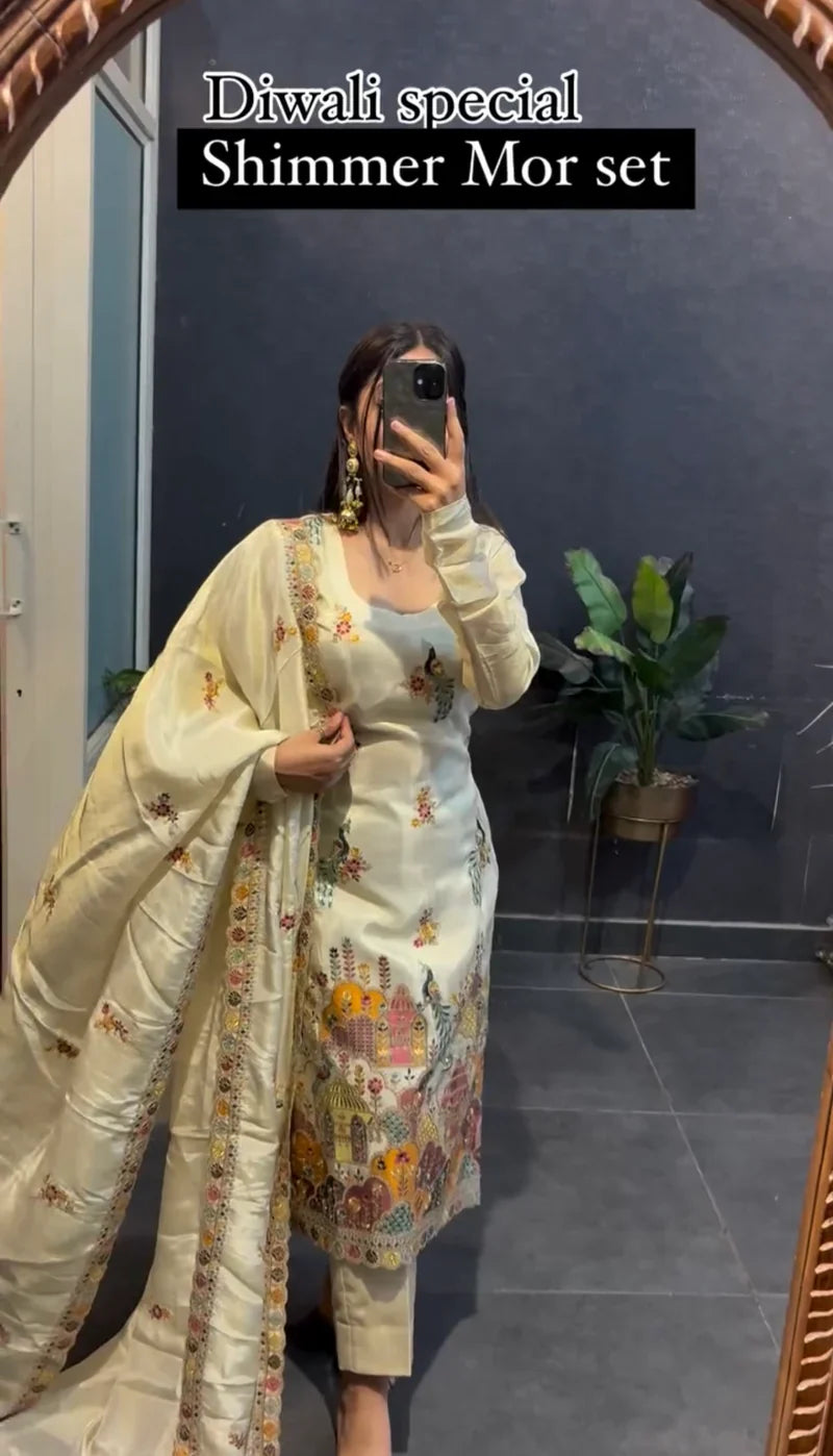 White Premium Designer Peacock Design Suit