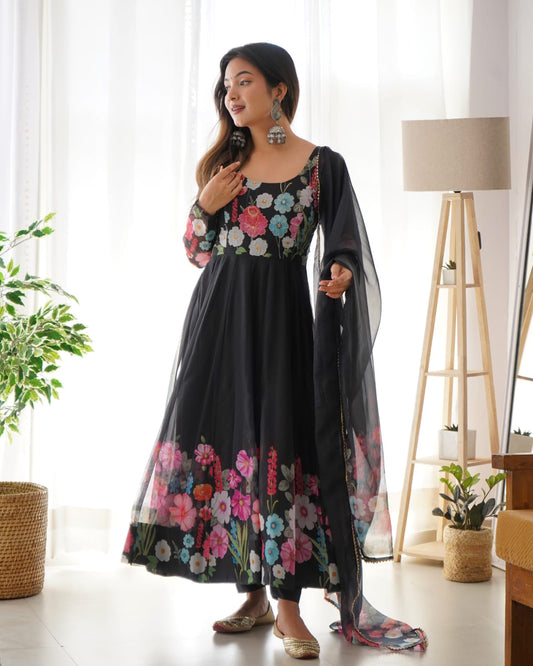 Black Color Pure Soft Organza Anarkali Suit