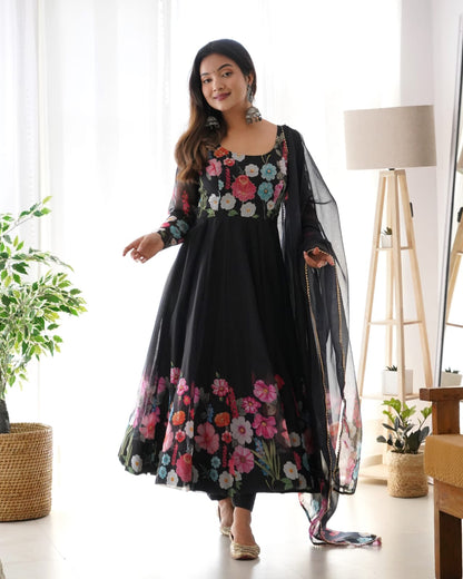 Black Color Pure Soft Organza Anarkali Suit