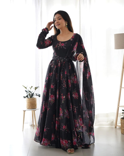 Black Color Pure Soft Organza Anarkali Suit Set-Full Stiched