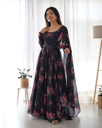 Black Color Pure Soft Organza Anarkali Suit Set-Full Stiched