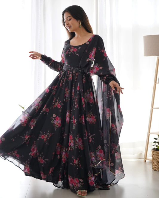 Black Color Pure Soft Organza Anarkali Suit Set-Full Stiched
