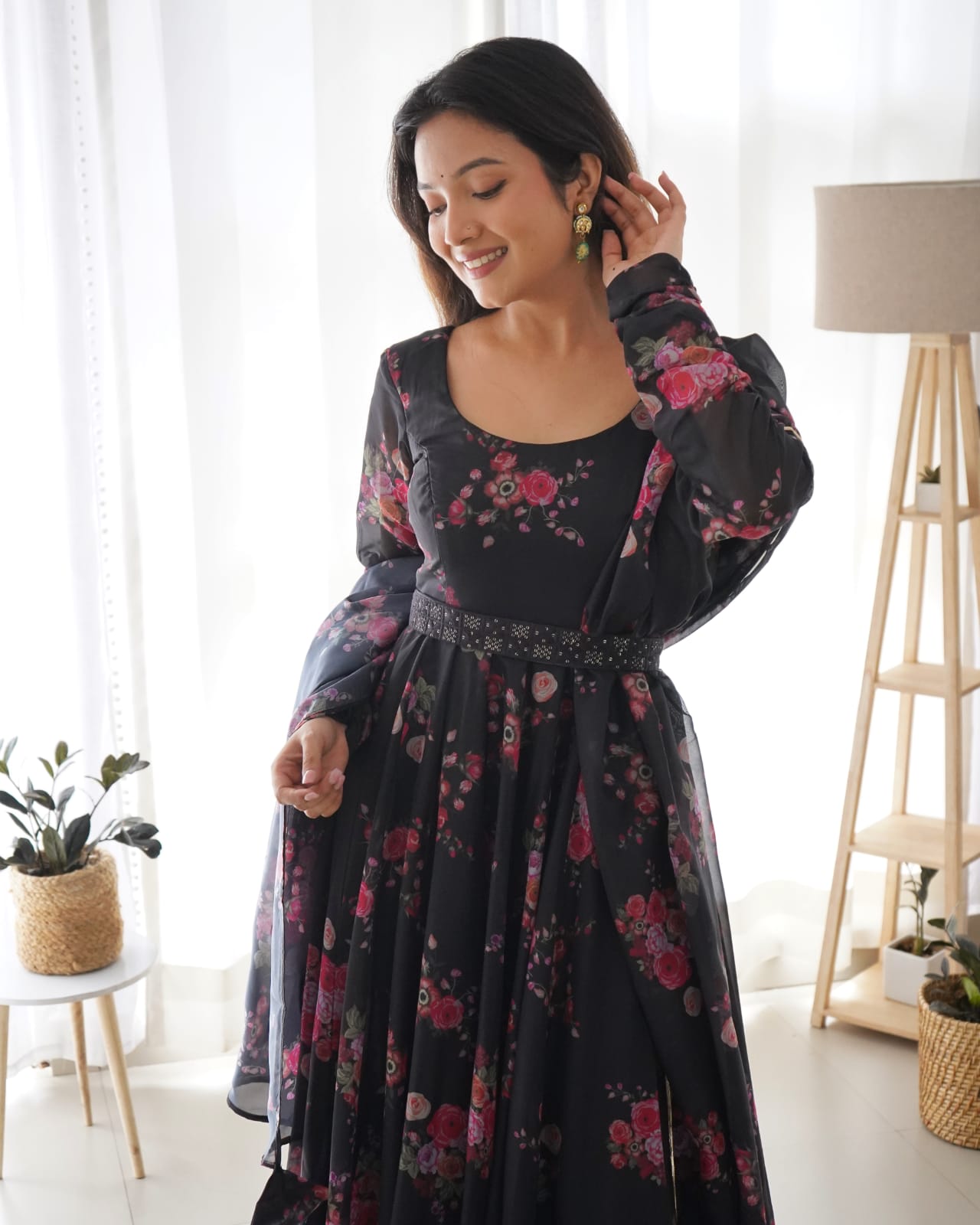 Black Color Pure Soft Organza Anarkali Suit Set-Full Stiched