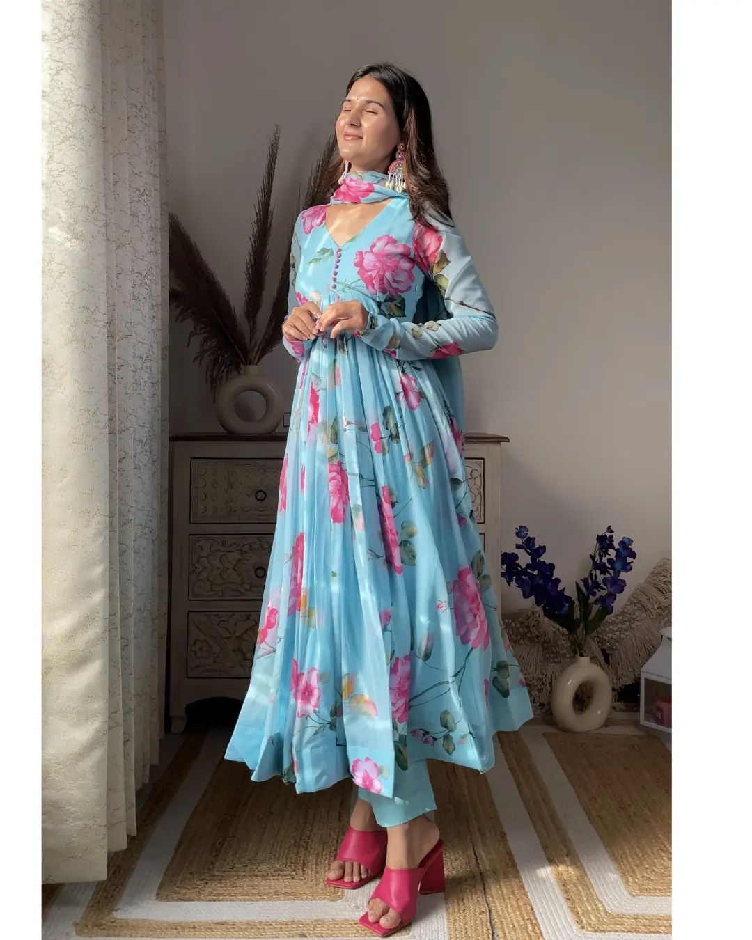 Aniska Sky Blue Floral Print Anarkali Suit