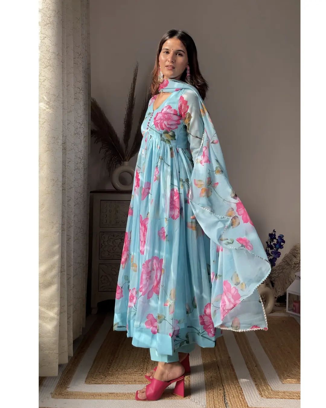 Aniska Sky Blue Floral Print Anarkali Suit
