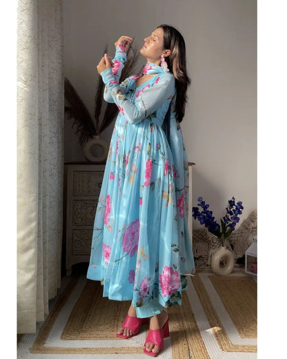 Aniska Sky Blue Floral Print Anarkali Suit
