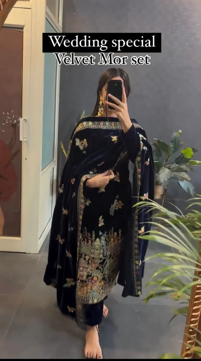 Designer Pecock Velvet Suit For this Winter