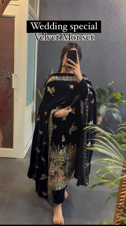 Designer Pecock Velvet Suit For this Winter