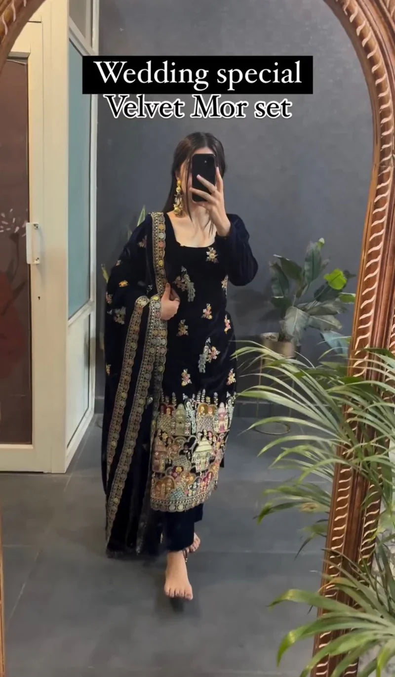 Designer Pecock Velvet Suit For this Winter