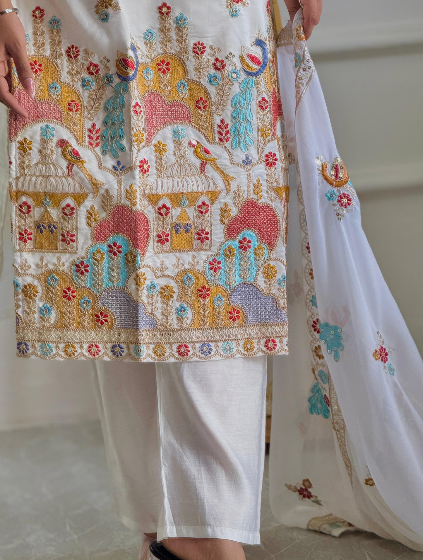 Luxurious Heavy Roman Silk Embroidered Top & Bottom Set with Dupatta