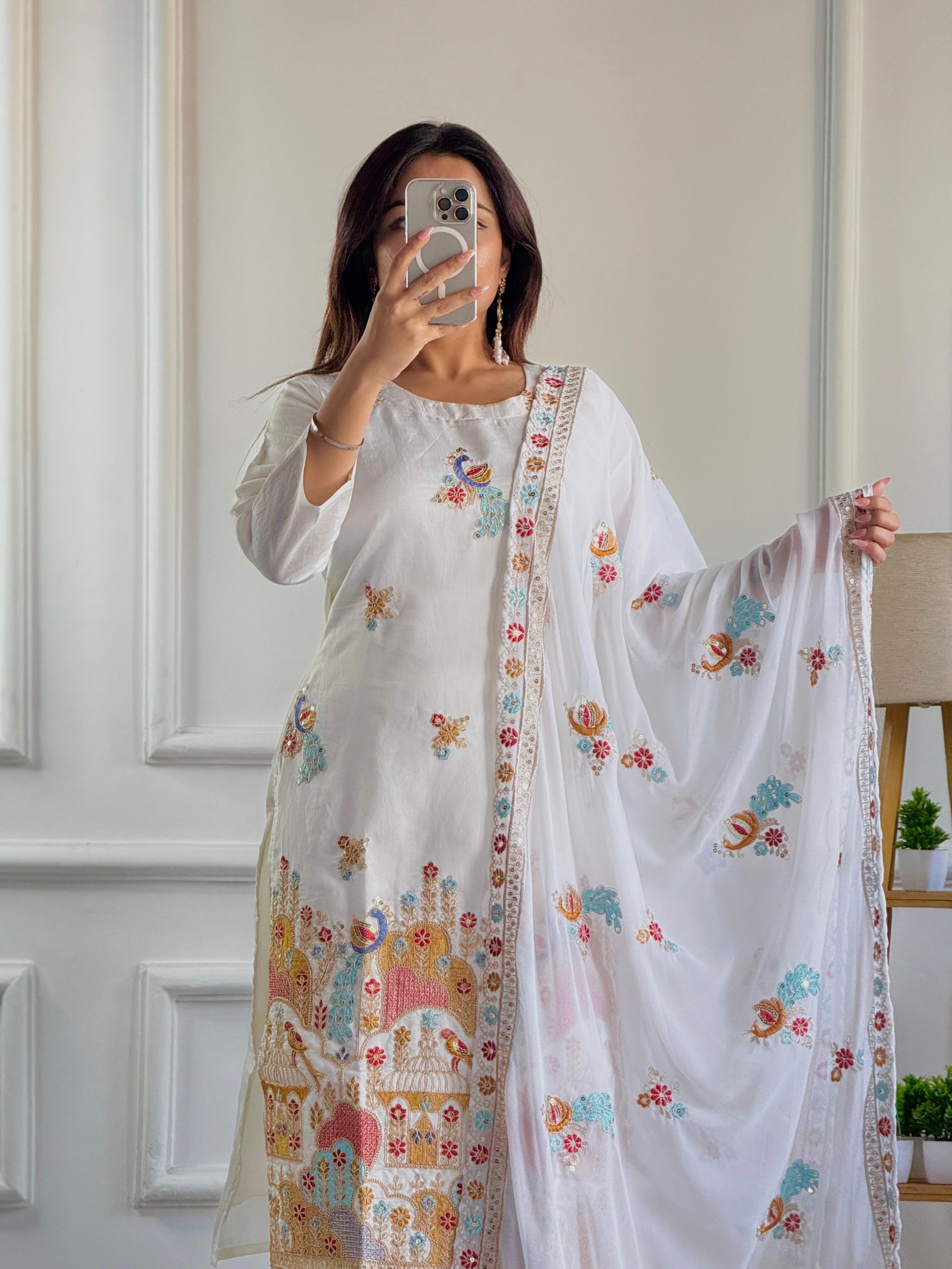 Luxurious Heavy Roman Silk Embroidered Top & Bottom Set with Dupatta