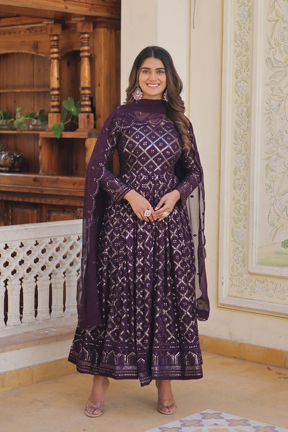 LIKSHA 2 COLOUR RANI & WINE  EMBROIDERED GEORGETTE ANARKALI FULLY STITCHED SUIT SET -TD 124-