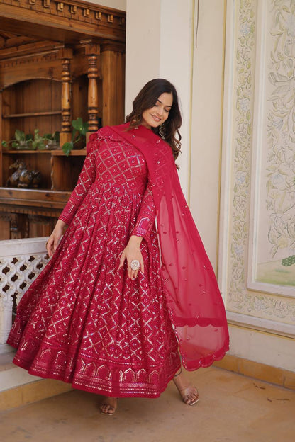 LIKSHA 2 COLOUR RANI & WINE  EMBROIDERED GEORGETTE ANARKALI FULLY STITCHED SUIT SET -TD 124-