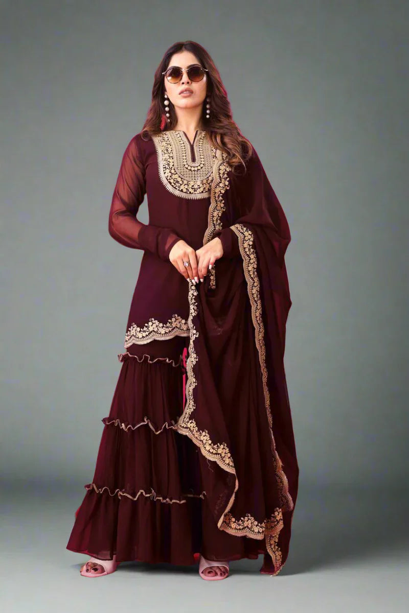 Blooming Faux Georgette Embroidered Plazzo Set – Fully Stitched & Ready to Wear