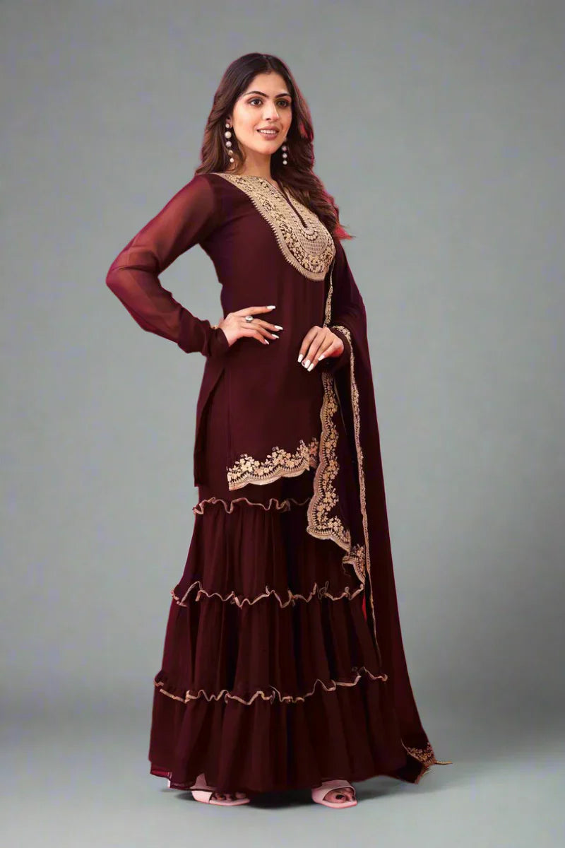 Blooming Faux Georgette Embroidered Plazzo Set – Fully Stitched & Ready to Wear