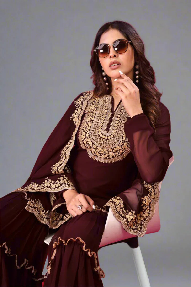 Blooming Faux Georgette Embroidered Plazzo Set – Fully Stitched & Ready to Wear