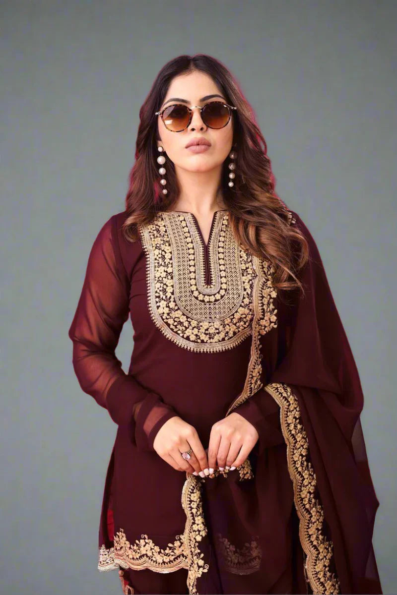 Blooming Faux Georgette Embroidered Plazzo Set – Fully Stitched & Ready to Wear