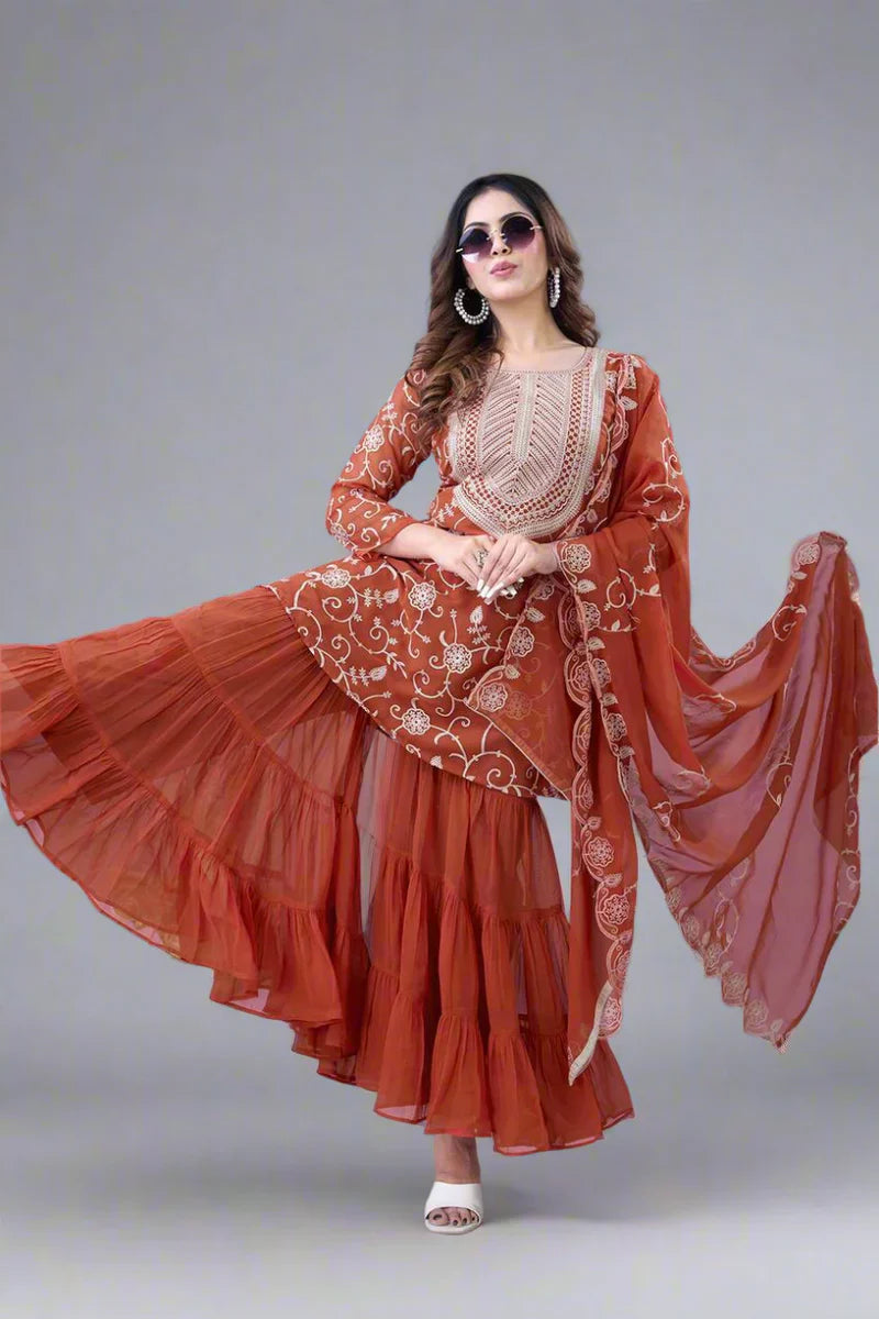 Heavy Georgette Embroidered Sharara Plazzo Set – Fully Stitched & Ready to Wear