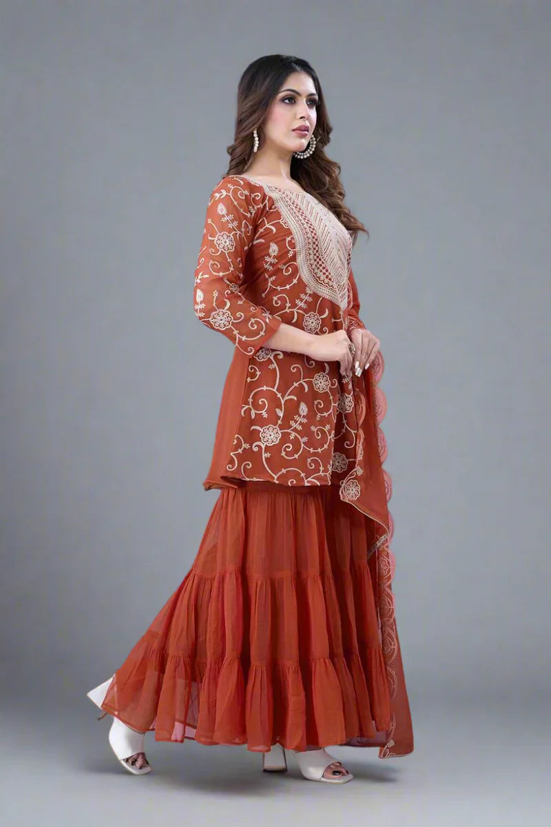 Heavy Georgette Embroidered Sharara Plazzo Set – Fully Stitched & Ready to Wear