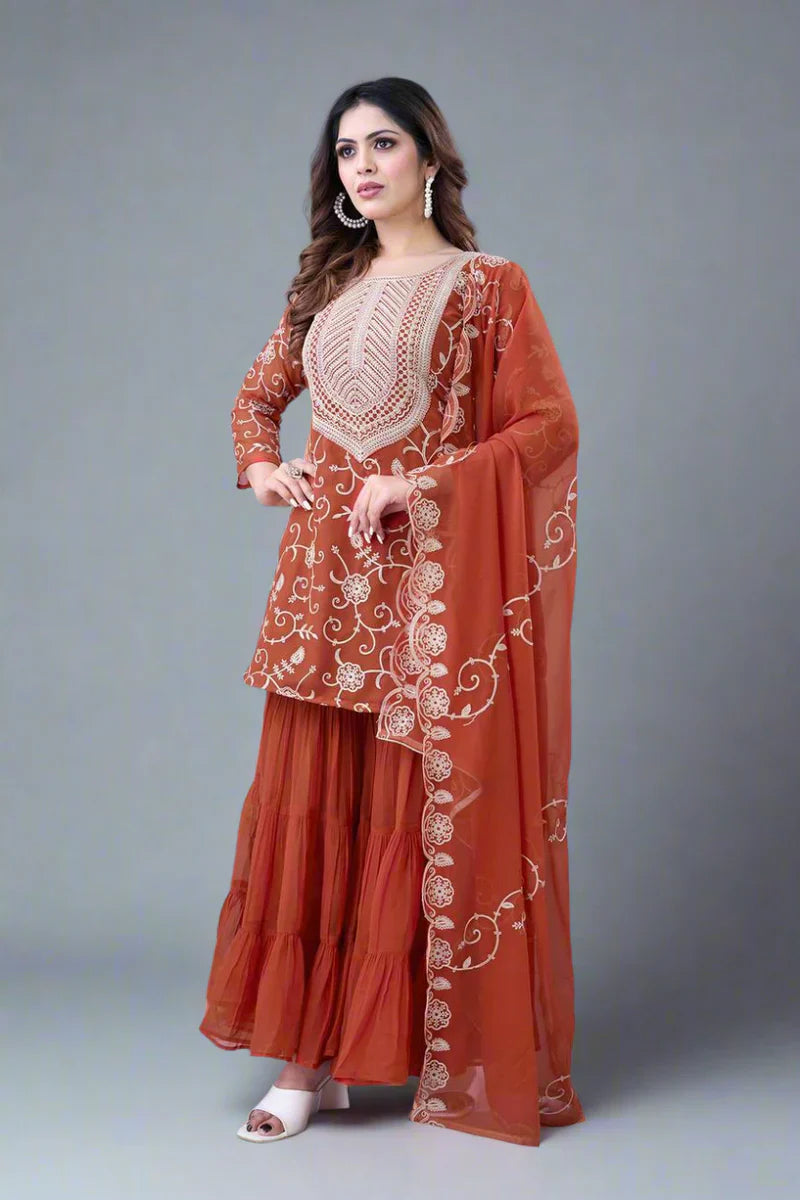 Heavy Georgette Embroidered Sharara Plazzo Set – Fully Stitched & Ready to Wear