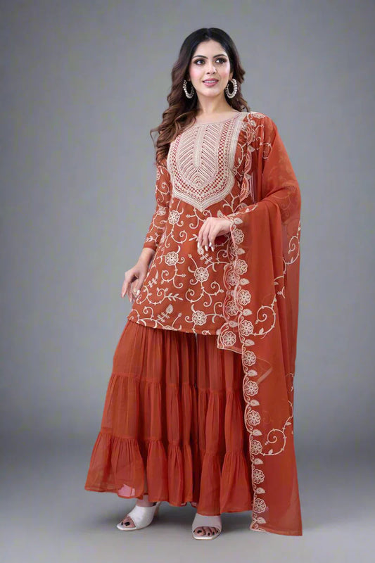 Heavy Georgette Embroidered Sharara Plazzo Set – Fully Stitched & Ready to Wear