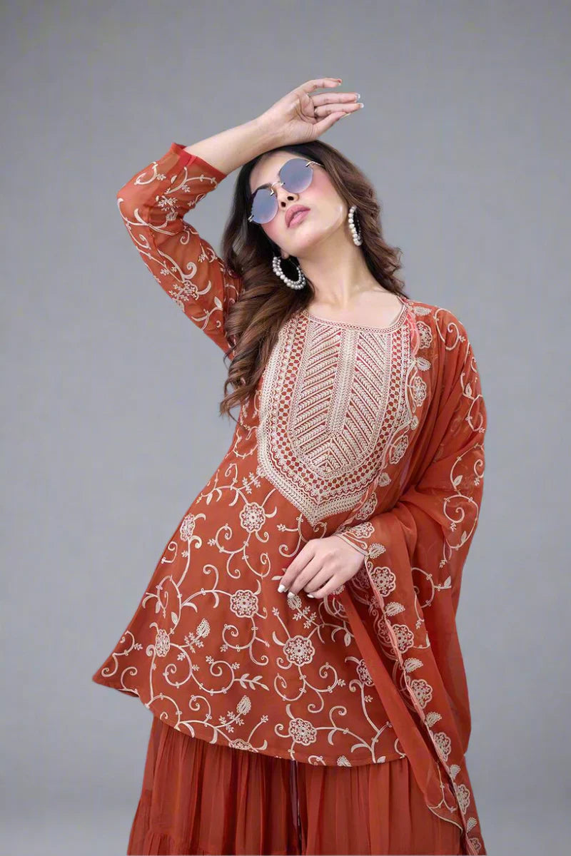 Heavy Georgette Embroidered Sharara Plazzo Set – Fully Stitched & Ready to Wear